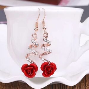 Ethnic Red Rose Drop Earrings Big Rhinestone